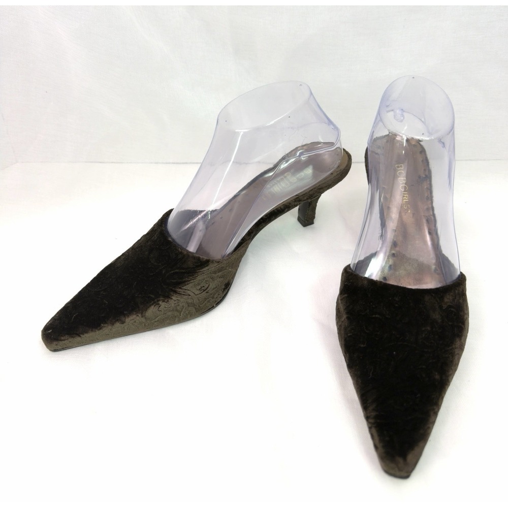 BCBGirls Women's 7.5B Brown Velvet Embossed Mule Heels Pointed Toe Slides